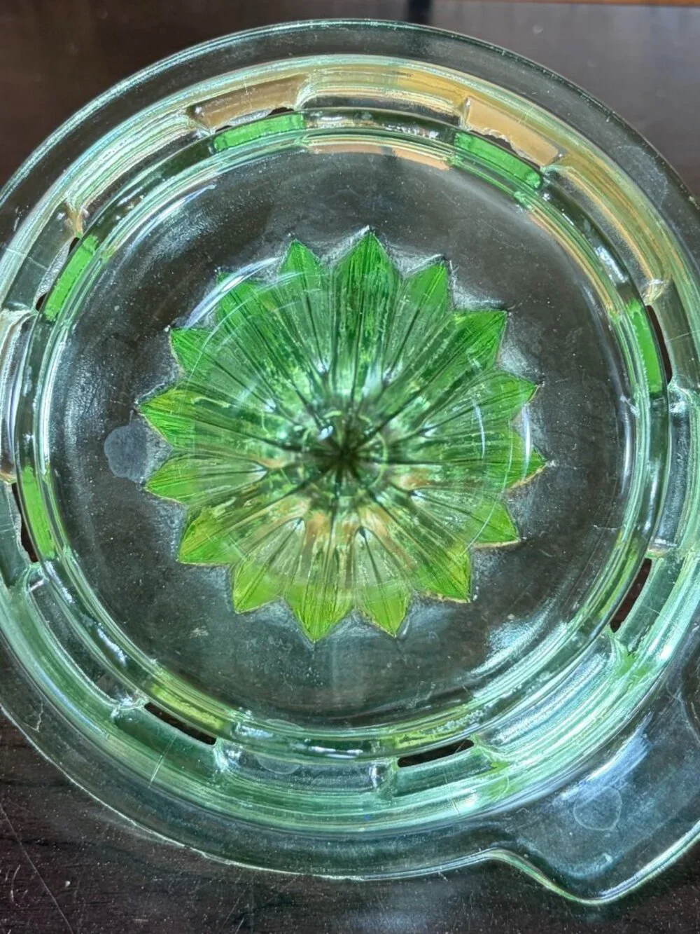 Vintage Green Depression Uranium Glass Citrus Reamer and Measuring Cup Set